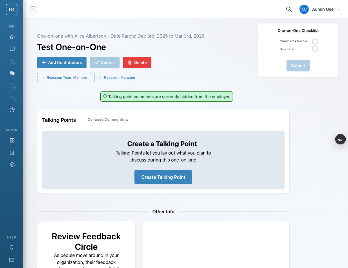 Admin view of 1:1 detail page showing Reassign Team Member and Reassign Manager buttons