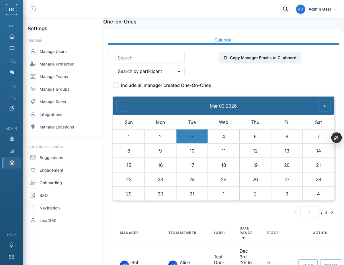Admin Settings One-on-Ones page showing the list of all 1:1s across the organization