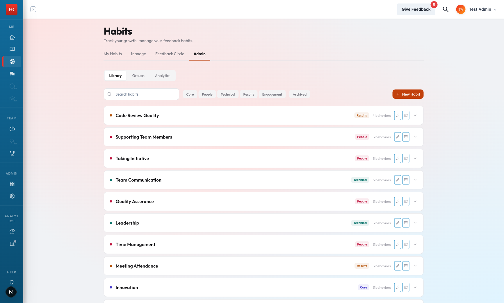 Admin Library view showing all habits with category tags and behavior counts