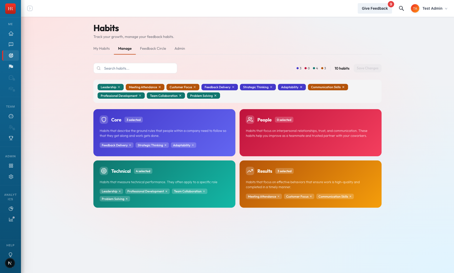 Manage tab showing habit selection across four categories