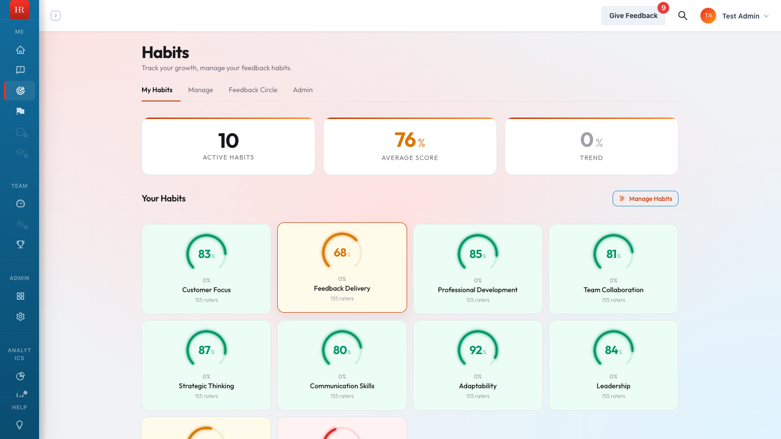 My Habits dashboard showing habit scores and feedback status