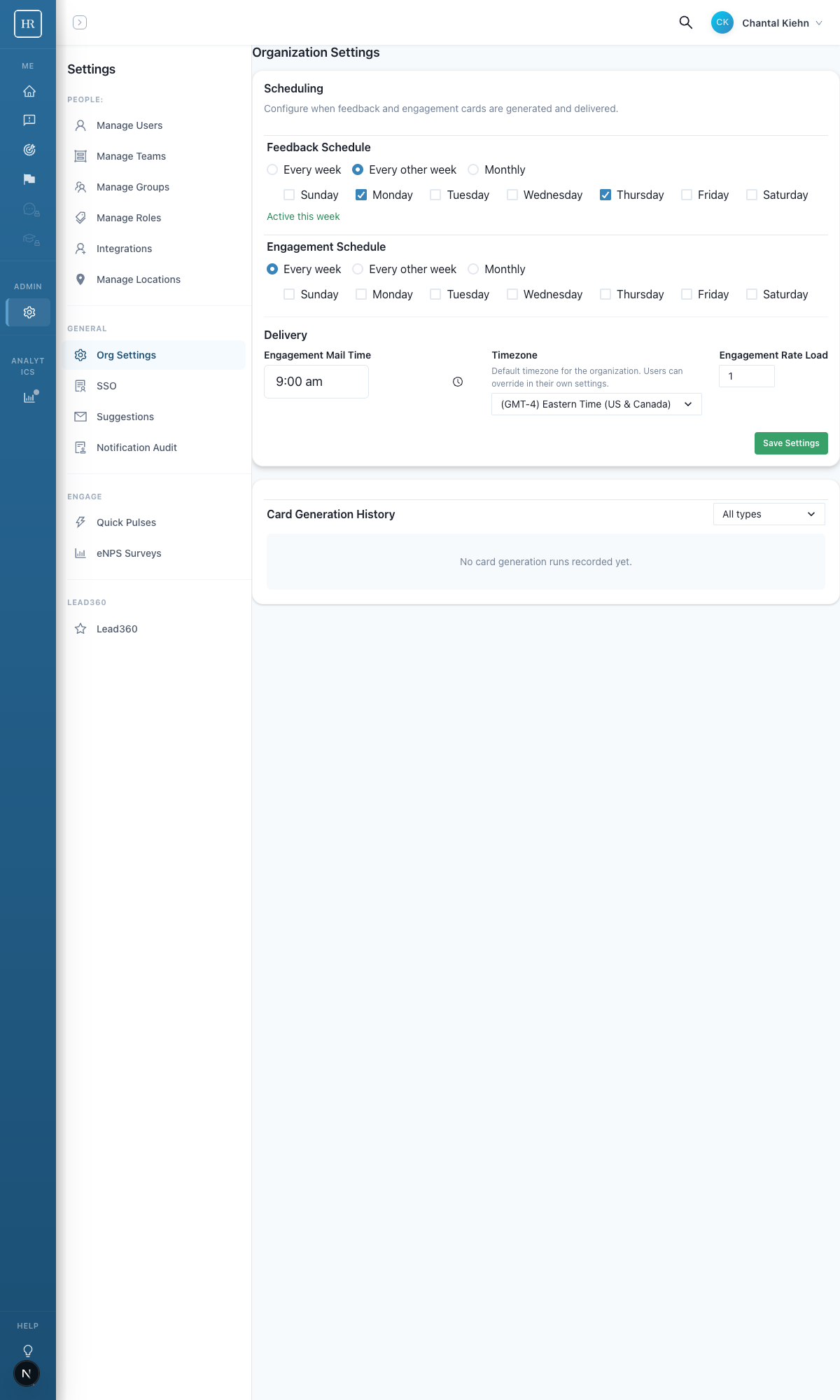 Feedback scheduling set to Every other week with Active this week indicator