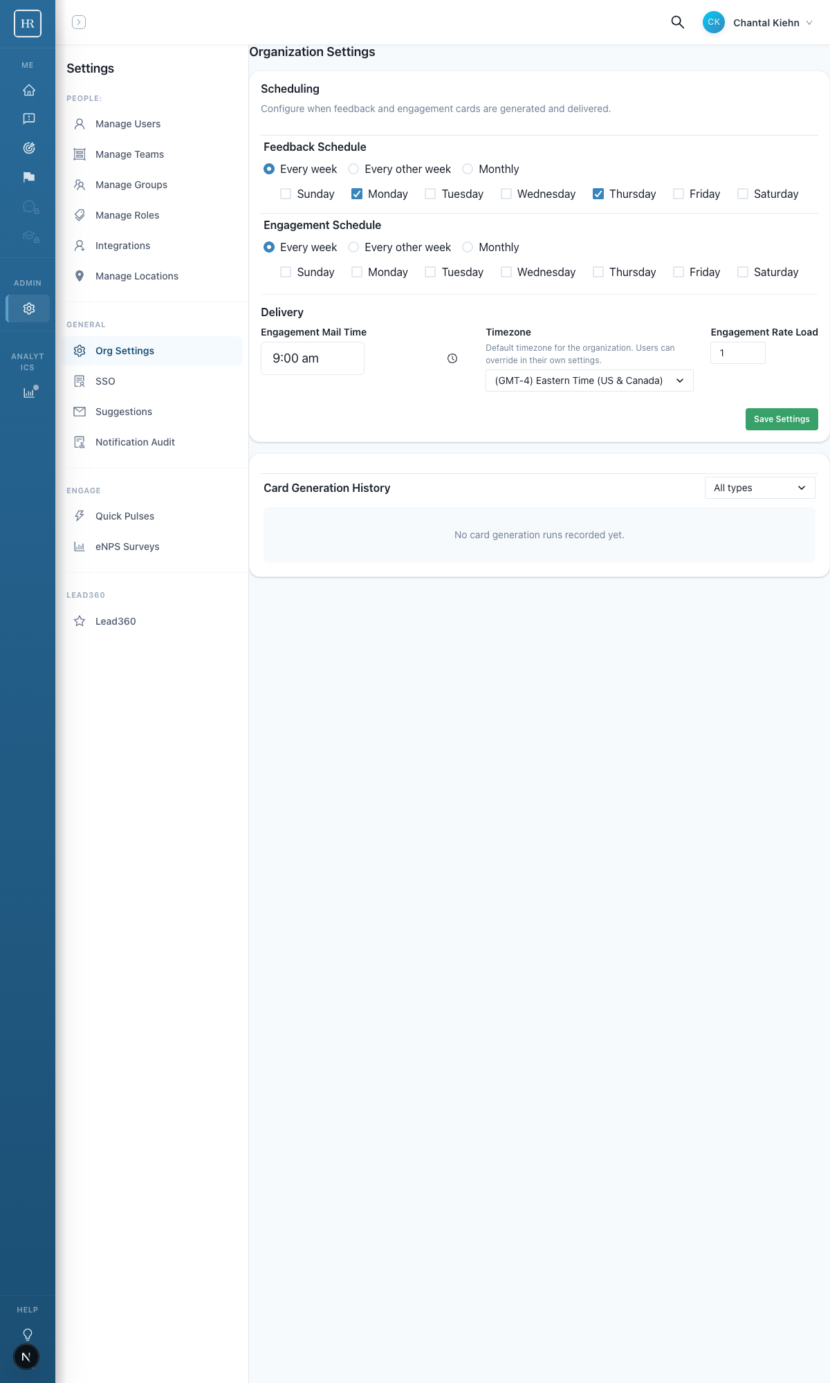 Org Settings showing feedback scheduling set to Every week